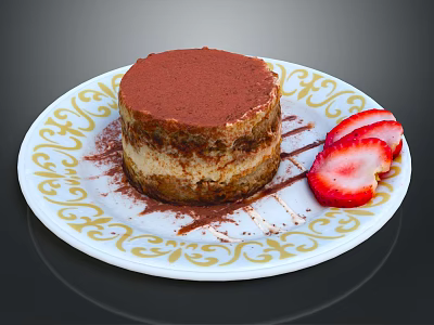 Delicious Tiramisu Cake With Cocoa Powder And Fresh Strawberry Slices On Decorative Plate 3d model