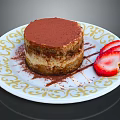 Delicious Tiramisu Cake With Cocoa Powder And Fresh Strawberry Slices On Decorative Plate