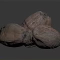 Three Pinkish Brown Coconuts on Dark Reflective Surface with Textured Skin
