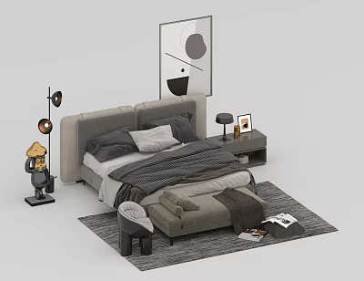 Modern Double Bed With Gray Headboard Bedding Nightstand And Decorative Painting 3d model