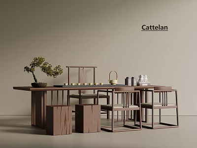 Modern Wooden Tea Table And Chairs With Teapot Cups And Bonsai Plant Decor 3d model