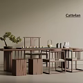 Modern Wooden Tea Table And Chairs With Teapot Cups And Bonsai Plant Decor