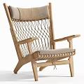 Modern Wooden Frame Armchair With Woven Backrest And Light Gray Cushion
