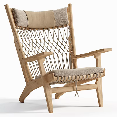 Modern Wooden Frame Armchair With Woven Backrest And Light Gray Cushion 3d model