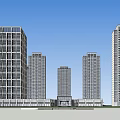 Modern High Rise Building Complex With Glass Facades And Blue Sky Background