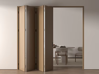 Wooden Folding Door Open Revealing Modern Minimalist Dining Area With Table And Chairs 3d model