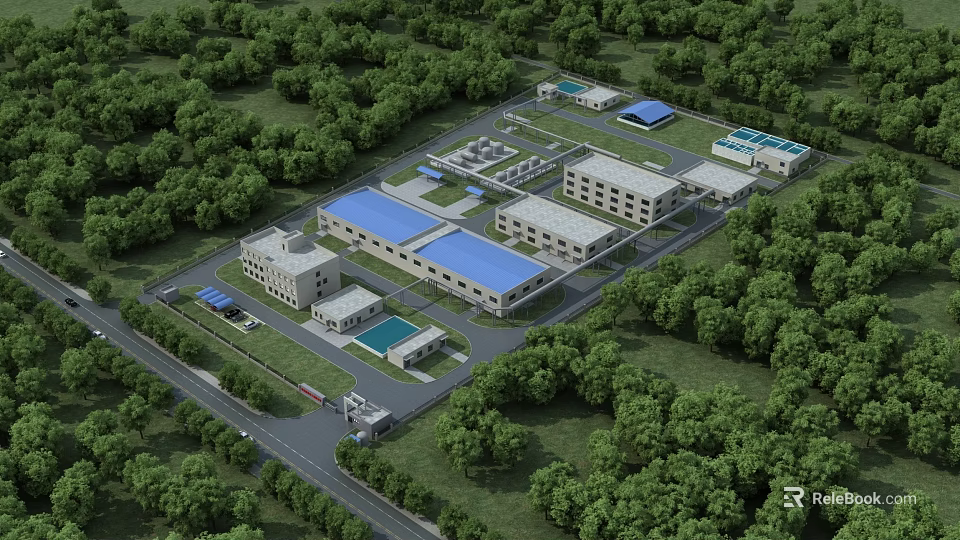 Industrial Factory Complex With Multiple Buildings Blue Roofs Access Roads And Green Trees 3d model 