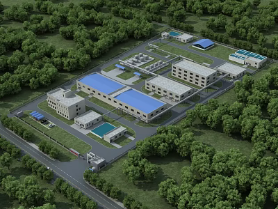 Industrial Factory Complex With Multiple Buildings Blue Roofs Access Roads And Green Trees 3d model