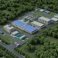 Industrial Factory Complex With Multiple Buildings Blue Roofs Access Roads And Green Trees