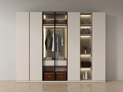 Modern Wardrobe Interior With Glass Doors Hanging Clothes Storage Shelves And Drawers 3d model