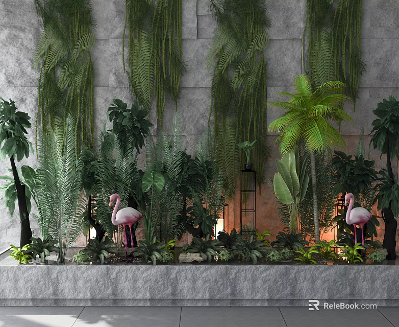 Garden Decor Featuring Hanging Vines Stone Wall Ferns Palm Tree Pink Flamingos and Decorative Lights 3d model 