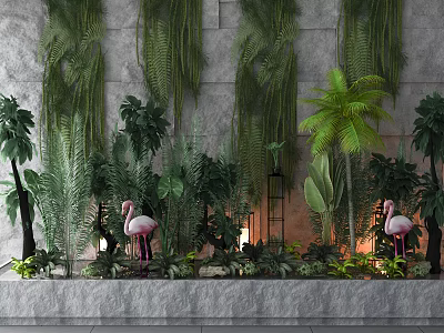 Garden Decor Featuring Hanging Vines Stone Wall Ferns Palm Tree Pink Flamingos and Decorative Lights 3d model