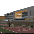 Modern School Building With Glass Windows Green Lawn Basketball Court Near Waterfront