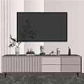 Modern TV Stand With Drawers And Decorative Items On Vertical Striped Wall