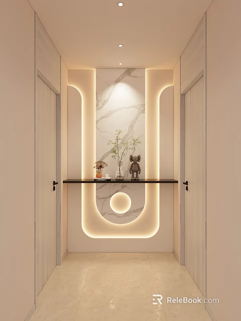 Modern Foyer Hallway With Warm Lighting Marble Wall And Decor 3d model 