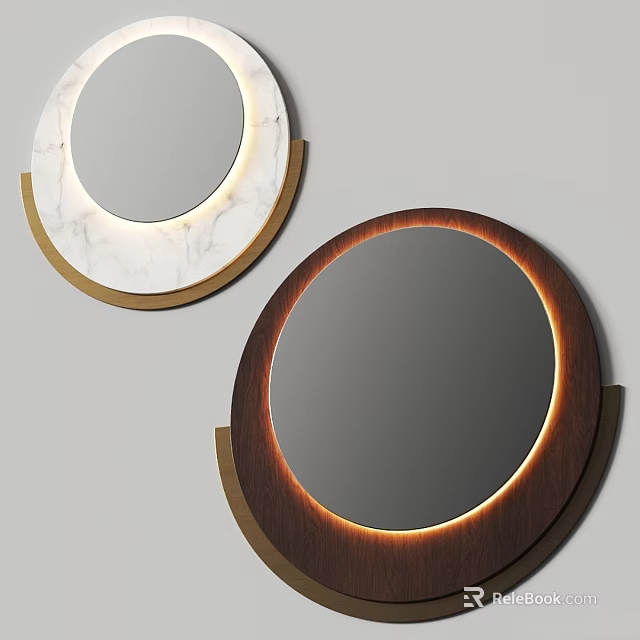 Round Mirrors With Marble Frame Gold Accent And Dark Brown Edge LED Lighting 3d model 
