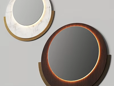 Round Mirrors With Marble Frame Gold Accent And Dark Brown Edge LED Lighting 3d model