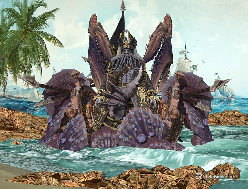Game Movie Character Octopus Like Sea Monster On Shell Throne With Palm Trees And Ships 3d model 