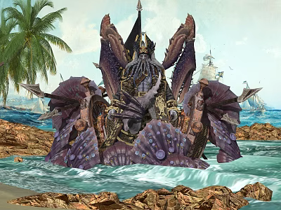 Game Movie Character Octopus Like Sea Monster On Shell Throne With Palm Trees And Ships 3d model