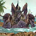 Game Movie Character Octopus Like Sea Monster On Shell Throne With Palm Trees And Ships