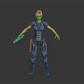 Futuristic Female Character In Tech Suit Holding Blaster Against Gray Background