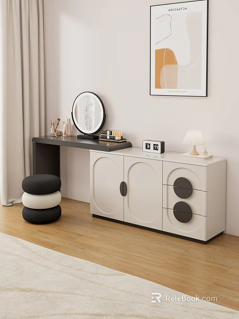 Modern White Black Dressing Table With Round Mirror Drawers Cabinet And Stool 3d model