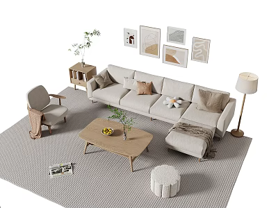 Cozy Living Room Sofa Coffee Table Set With Decorative Paintings Floor Lamp And Green Plants 3d model