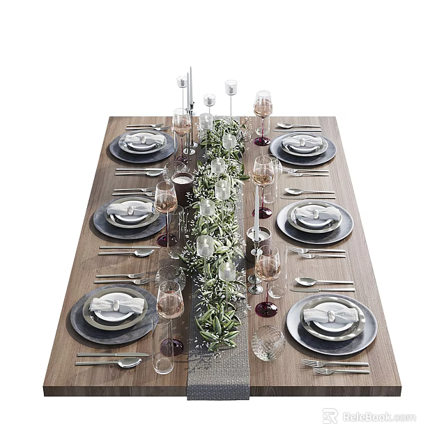 Elegant Tableware Set With Plates Wine Glasses And Decorative Greenery On Wooden Dining Table 3d model 