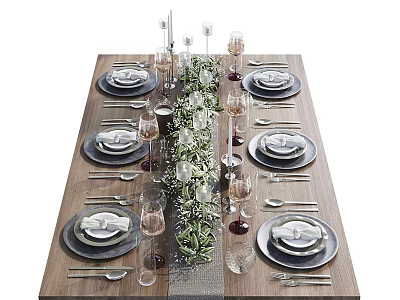 Elegant Tableware Set With Plates Wine Glasses And Decorative Greenery On Wooden Dining Table 3d model