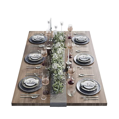 Elegant Tableware Set With Plates Wine Glasses And Decorative Greenery On Wooden Dining Table 3d model