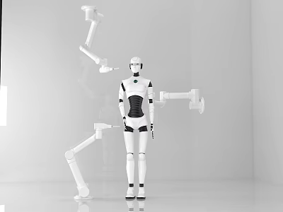 Technology Exhibition Hall Displaying Humanoid Robot With Multiple Mechanical Arms in White Space 3d model