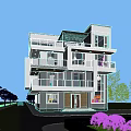 Modern Detached Villa Exterior With Multi Story Glass Balconies And Surrounding Trees
