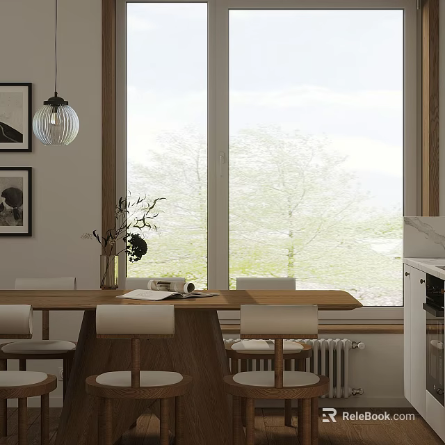 Modern Restaurant Interior With Wooden Dining Table White Chairs And Large Windows 3d model 