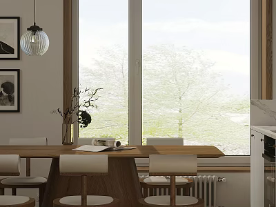 Modern Restaurant Interior With Wooden Dining Table White Chairs And Large Windows 3d model