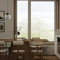 Modern Restaurant Interior With Wooden Dining Table White Chairs And Large Windows