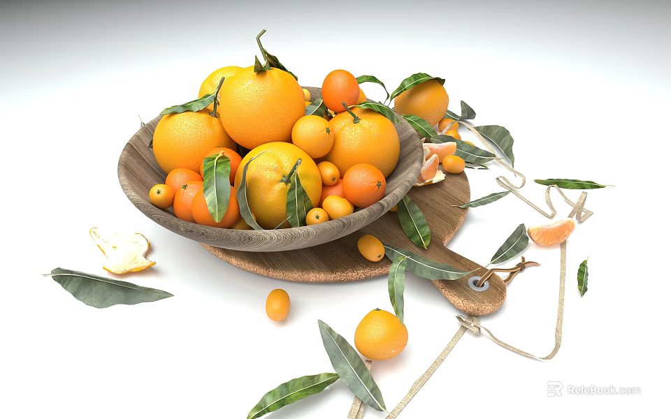 Wooden Plate Decoration With Oranges Tangerines Green Leaves And Scattered Fruits 3d model 