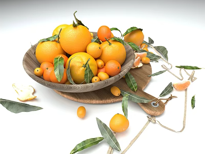 Wooden Plate Decoration With Oranges Tangerines Green Leaves And Scattered Fruits 3d model
