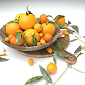 Wooden Plate Decoration With Oranges Tangerines Green Leaves And Scattered Fruits