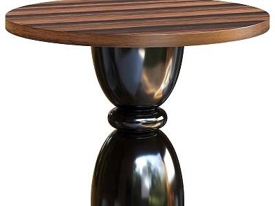 Sleek Modern Dining Table With Round Wooden Striped Top And Black Glossy Base 3d model
