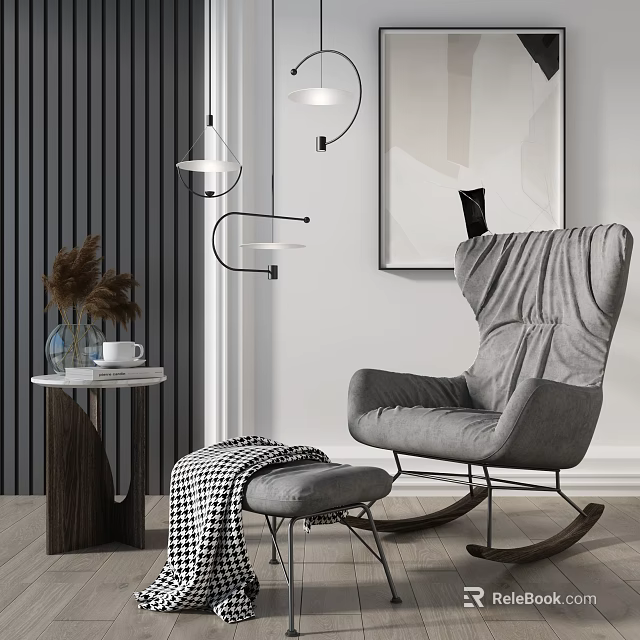 Gray Rocking Leisure Chair With Plaid Blanket Ottoman Side Table Wall Art And Lighting Fixtures 3d model 