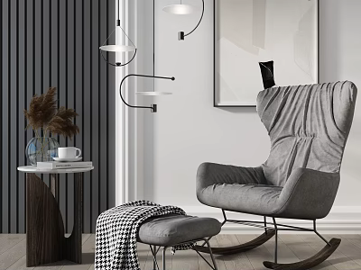 Gray Rocking Leisure Chair With Plaid Blanket Ottoman Side Table Wall Art And Lighting Fixtures 3d model