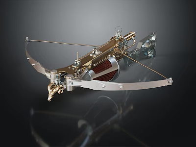 Ornamental Crossbow With Metallic Structure Gold Silver Accents Mechanical Parts And Bowstring 3d model