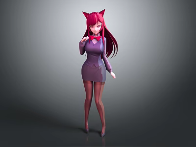 Game Movie Character with Red Cat Ears Long Red Hair Purple Dress and Black Stockings 3d model