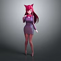 Game Movie Character with Red Cat Ears Long Red Hair Purple Dress and Black Stockings