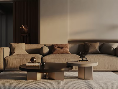 Elegant Beige Three Seater Sofa Interior With Decorative Pillows And Coffee Table On Rug 3d model
