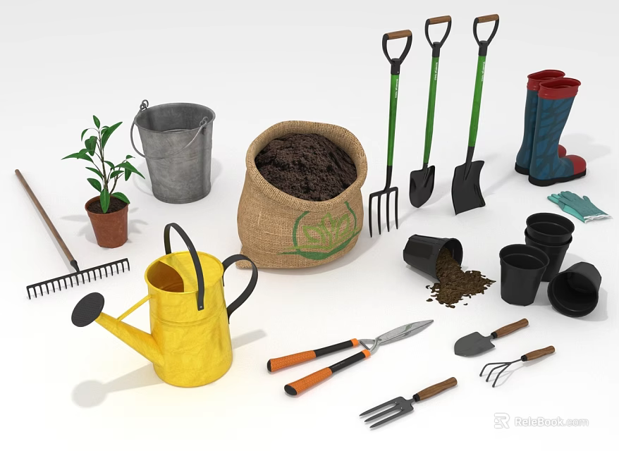 Yellow Watering Can Shovels Rakes And Sack Of Soil With Plant Pots For Gardening 3d model 