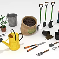 Yellow Watering Can Shovels Rakes And Sack Of Soil With Plant Pots For Gardening