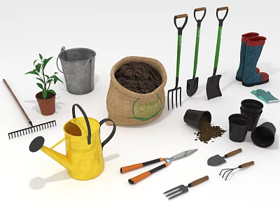 Yellow Watering Can Shovels Rakes And Sack Of Soil With Plant Pots For Gardening 3d model