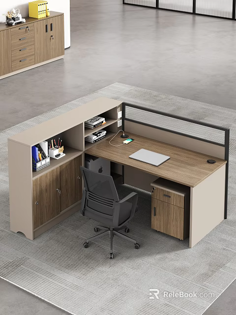 Modern Office Desk With Wooden Top Partition Storage Cabinets Drawers Office Chair Laptop And Stationery 3d model 