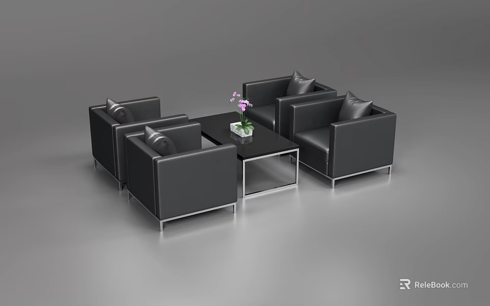 Modern Black Leather Sofa And Coffee Table Combination With Metal Legs Glass Top And Flower Vase 3d model 